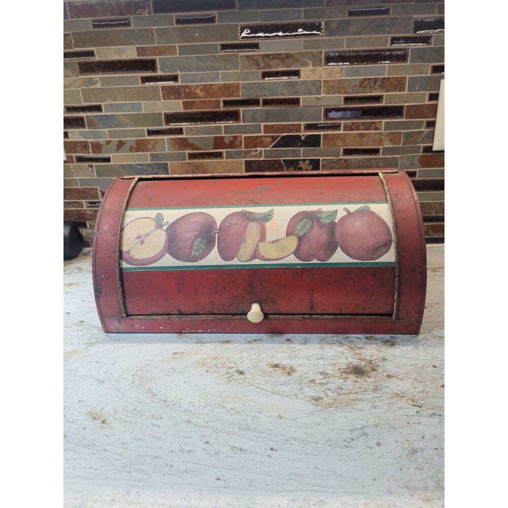 Vintage Red Metal Bread Box Rollup , Apple Decor, Rusty Primitive